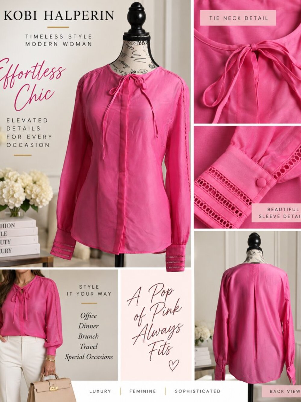 NWT Kobi Halperin Lorna Pink Lady Blouse Size L $398